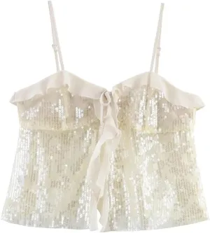 Women's Sequined Beach Tank Top - Spaghetti Strap Camisole for Summer Party Wear