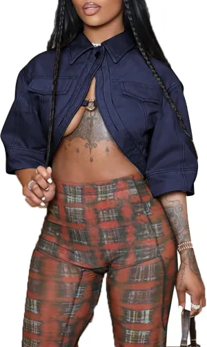 Women's Sexy Short Sleeve Cropped Lapel Jacket Cut Out Y2k Button Down Top Clubwear