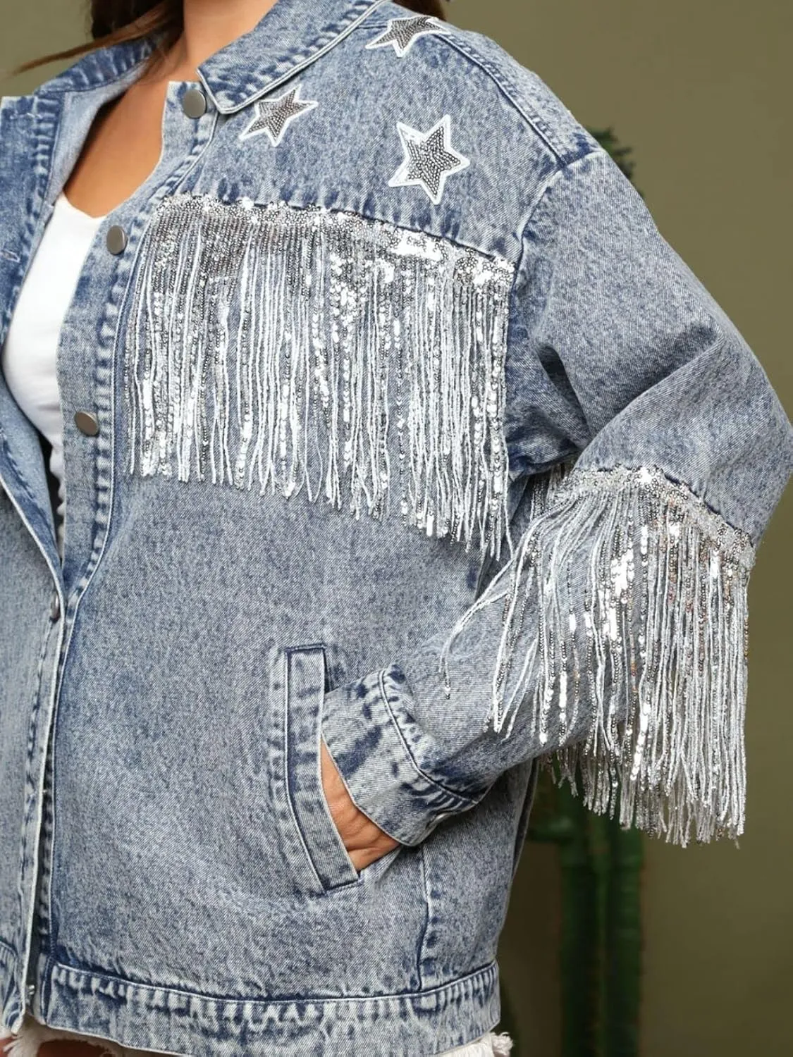 Womens Star Sequin Fringe Denim Jacket Long Sleeve Fringe Jean Jacket Coats