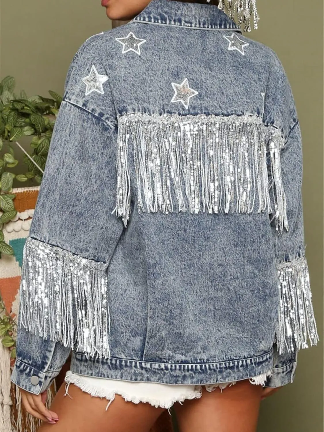 Womens Star Sequin Fringe Denim Jacket Long Sleeve Fringe Jean Jacket Coats