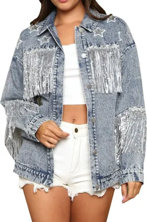 Womens Star Sequin Fringe Denim Jacket Long Sleeve Fringe Jean Jacket Coats