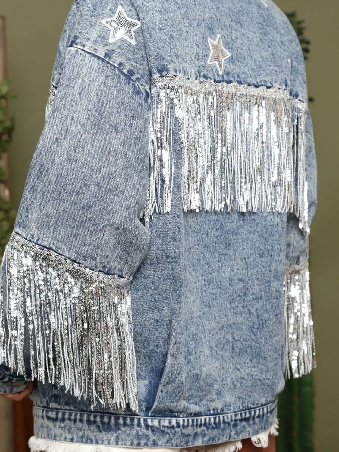 Womens Star Sequin Fringe Denim Jacket Long Sleeve Fringe Jean Jacket Coats