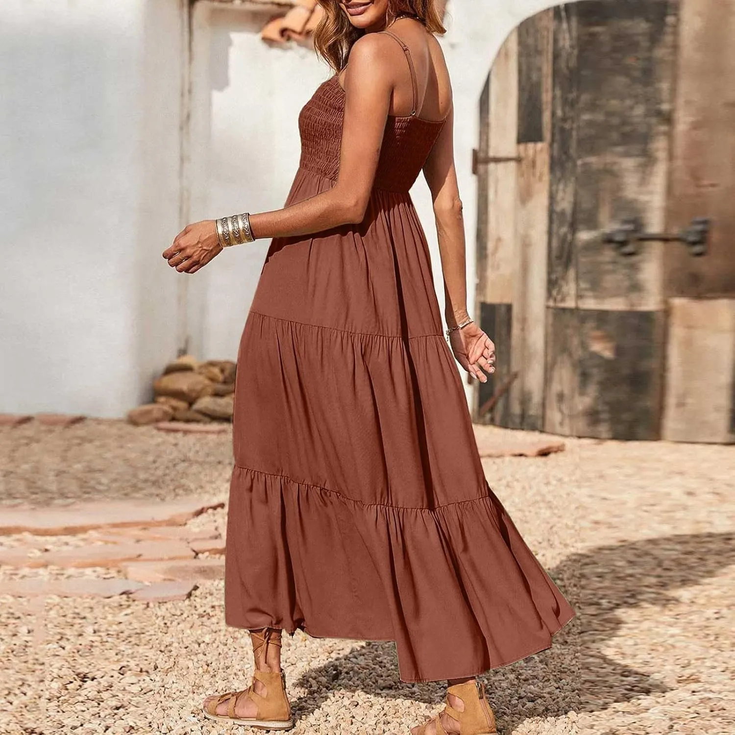 Womens Summer Dresses 2024 Spaghetti Straps Sleeveless Maxi Dress Casual Boho Smocked Tiered Long Beach Sun Dresses
