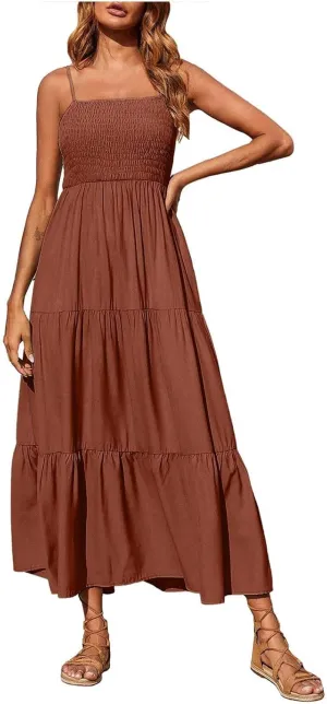 Womens Summer Dresses 2024 Spaghetti Straps Sleeveless Maxi Dress Casual Boho Smocked Tiered Long Beach Sun Dresses
