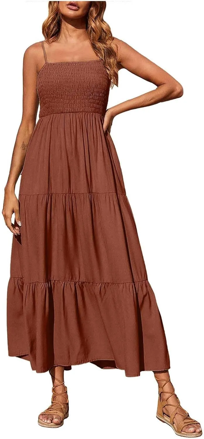Womens Summer Dresses 2024 Spaghetti Straps Sleeveless Maxi Dress Casual Boho Smocked Tiered Long Beach Sun Dresses