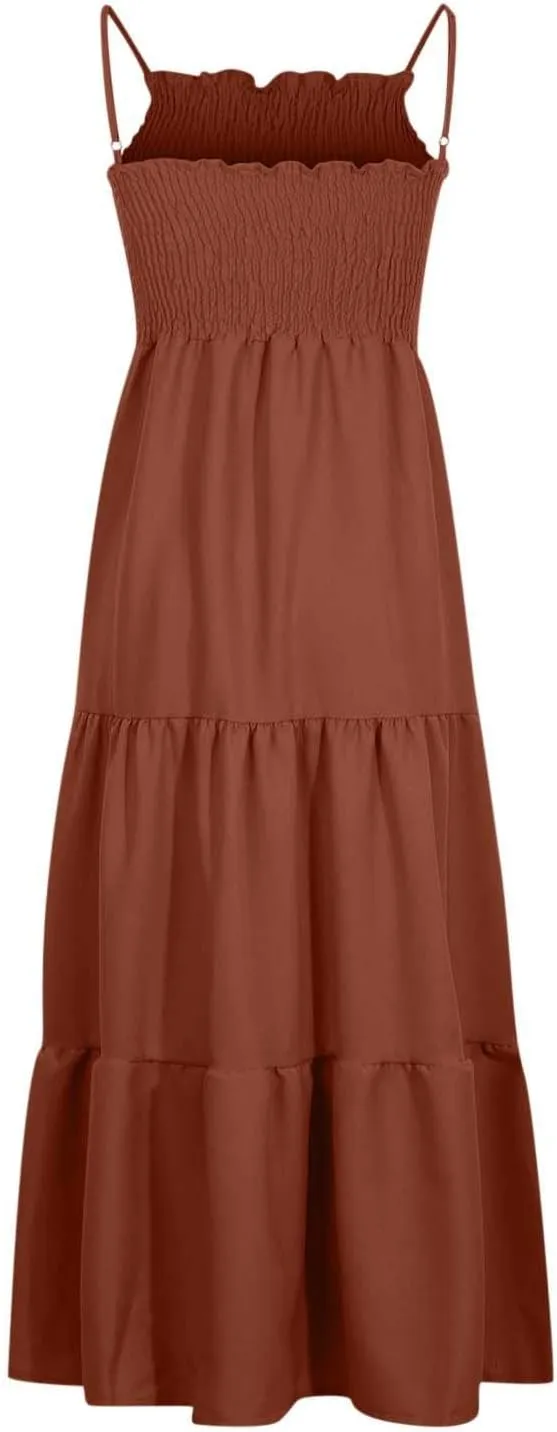 Womens Summer Dresses 2024 Spaghetti Straps Sleeveless Maxi Dress Casual Boho Smocked Tiered Long Beach Sun Dresses