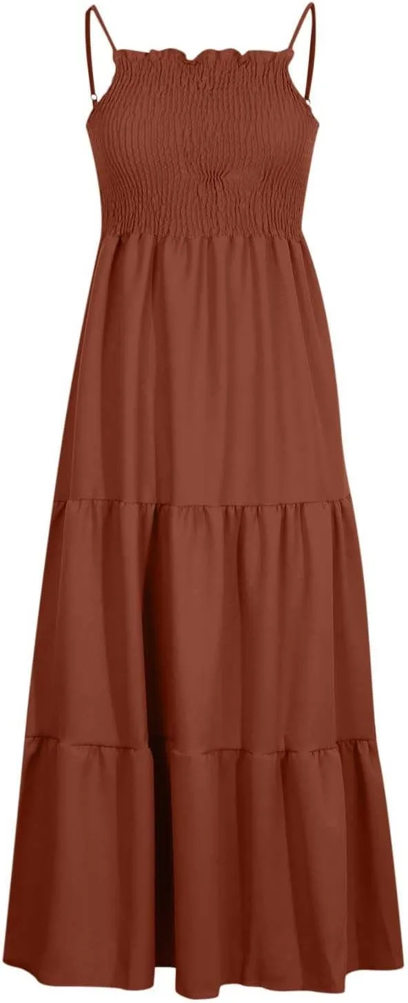 Womens Summer Dresses 2024 Spaghetti Straps Sleeveless Maxi Dress Casual Boho Smocked Tiered Long Beach Sun Dresses