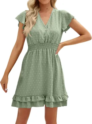 Womens Summer Dresses 2024 Trendy Wrap V-Neck Ruffle Sleeve Mini Dress Solid Knee Length Swiss Dot Casual Dress