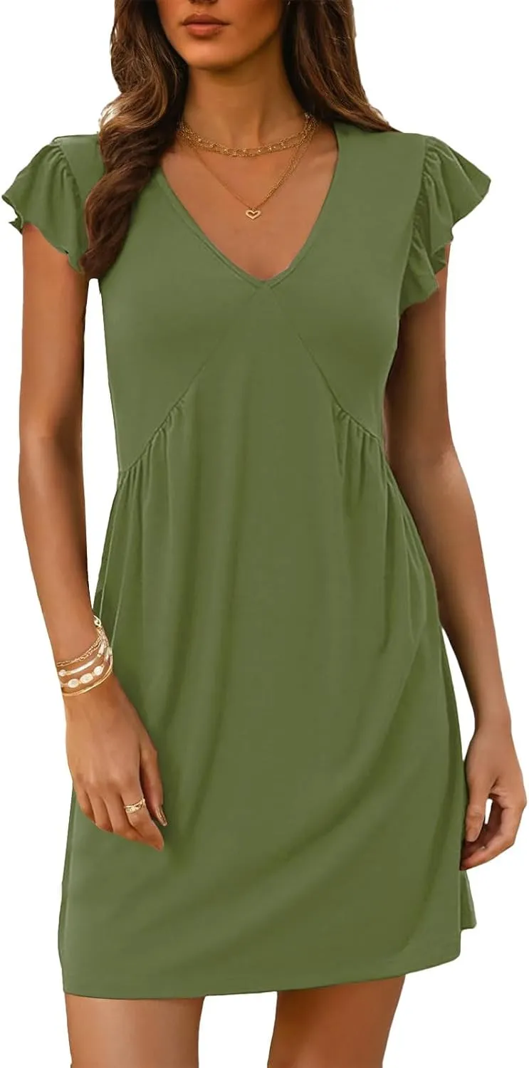 Women's Summer Dresses Casual Babydoll Mini Dress Ruffle Sleeve Deep V Neck T Shirt Dress Tunic Sundress