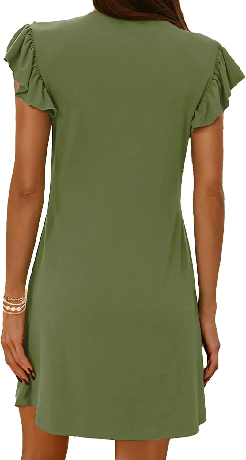 Women's Summer Dresses Casual Babydoll Mini Dress Ruffle Sleeve Deep V Neck T Shirt Dress Tunic Sundress