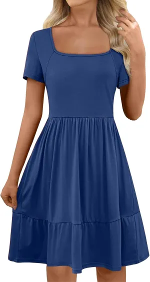 Womens Summer Dresses Casual Square Neck Short Sleeve A Line Midi Dress Loose Fit Tunic Ruffle Hem Beach Sundress