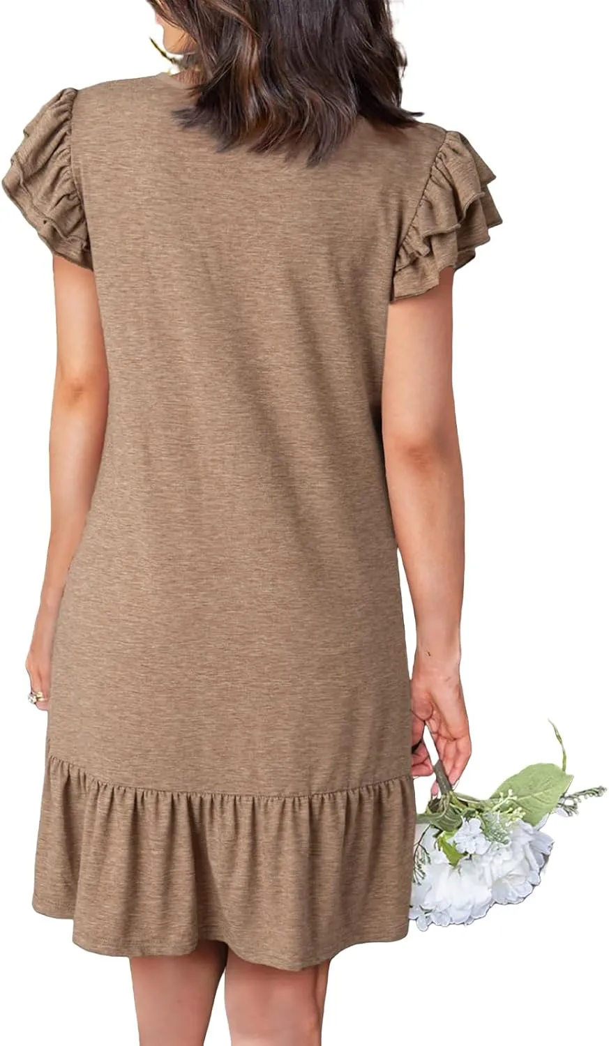 Womens Summer Dresses Ruffle Cap Sleeve Mini Dress Loose Pleated V Neck A-Line Swing Tshirt Dress Sundress