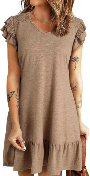 Womens Summer Dresses Ruffle Cap Sleeve Mini Dress Loose Pleated V Neck A-Line Swing Tshirt Dress Sundress
