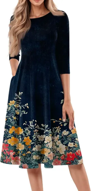 Womens Summer Dresses Summer Floral Beach Tshirt Dress Aline Casual Midi Dresses Flowy 3/4 Sleeve Dress with Pockets