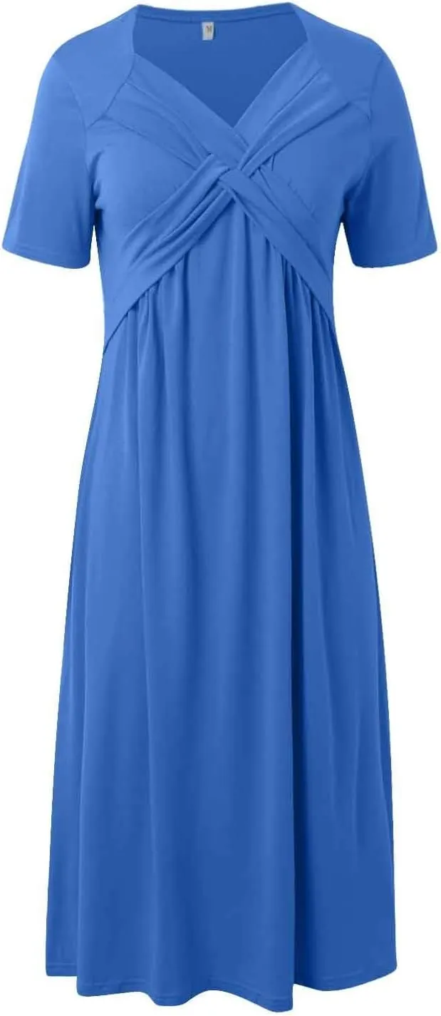 Womens Summer Midi Dress Casual Short Sleeve A-Line Cotton Linen Dress Flowly Beach Tunic Sundresses with Pockets 2025