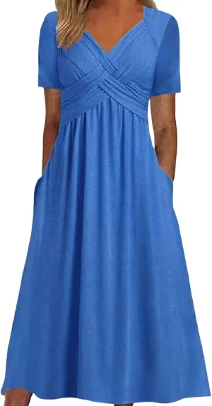 Womens Summer Midi Dress Casual Short Sleeve A-Line Cotton Linen Dress Flowly Beach Tunic Sundresses with Pockets 2025