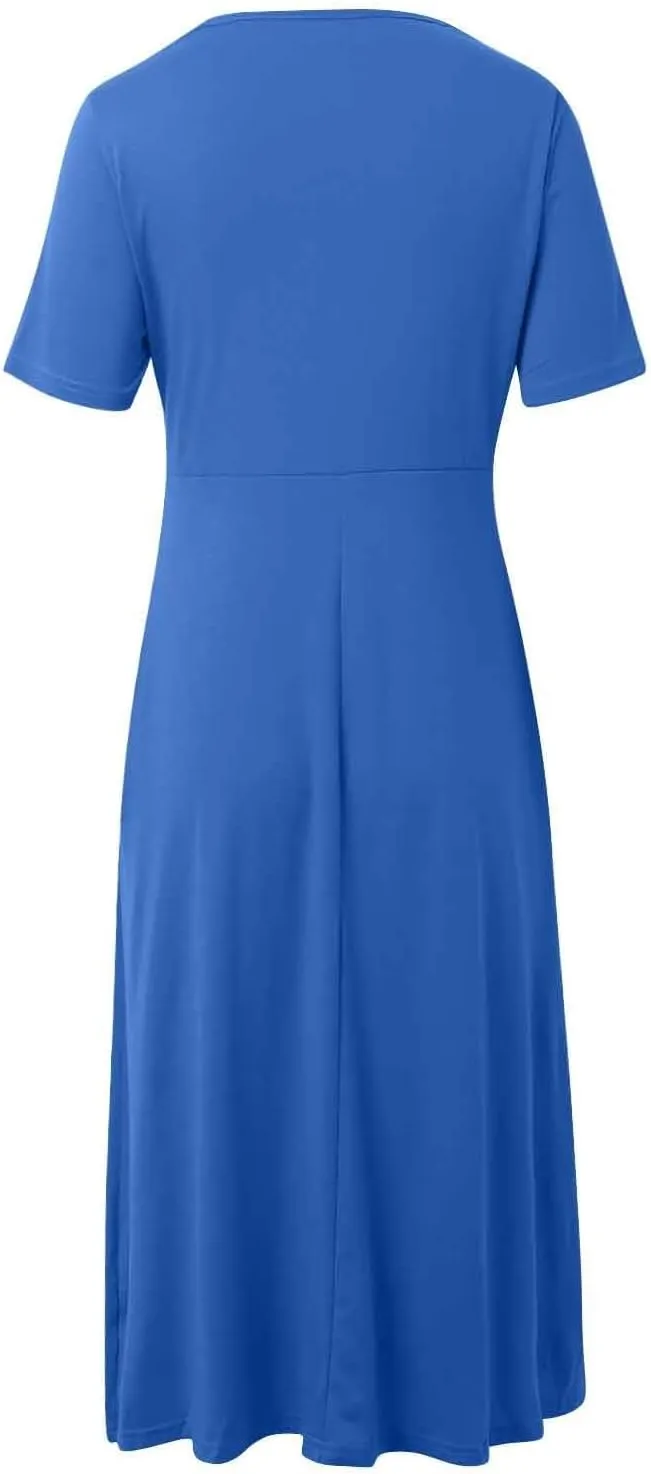 Womens Summer Midi Dress Casual Short Sleeve A-Line Cotton Linen Dress Flowly Beach Tunic Sundresses with Pockets 2025