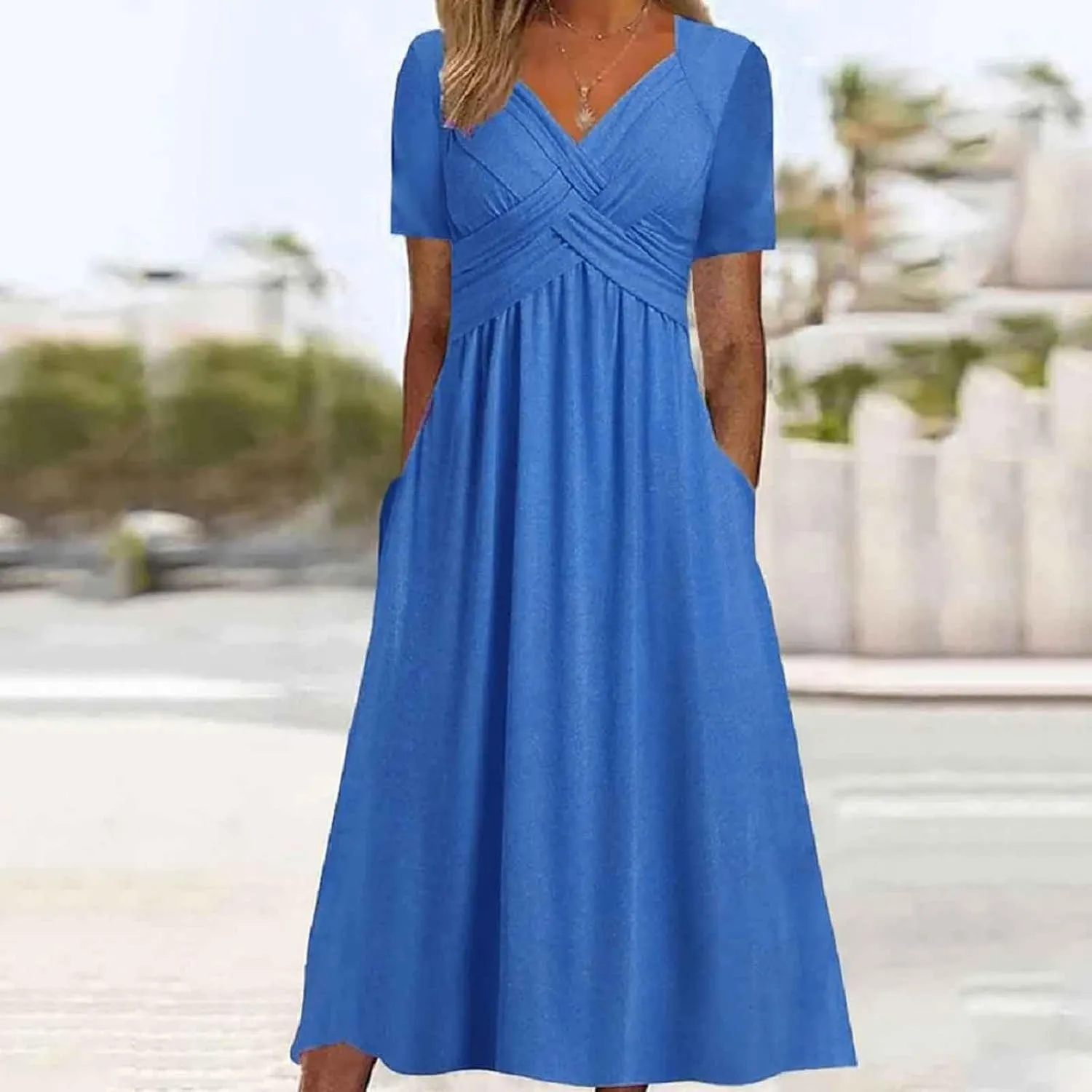 Womens Summer Midi Dress Casual Short Sleeve A-Line Cotton Linen Dress Flowly Beach Tunic Sundresses with Pockets 2025