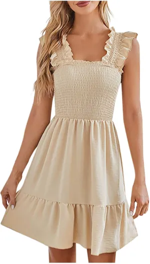 Women's Summer Mini Dresses Square Neck Smocked Boho Dress Ruffle Sleeveless Flowy Cute Casual A-Line Beach Sundress