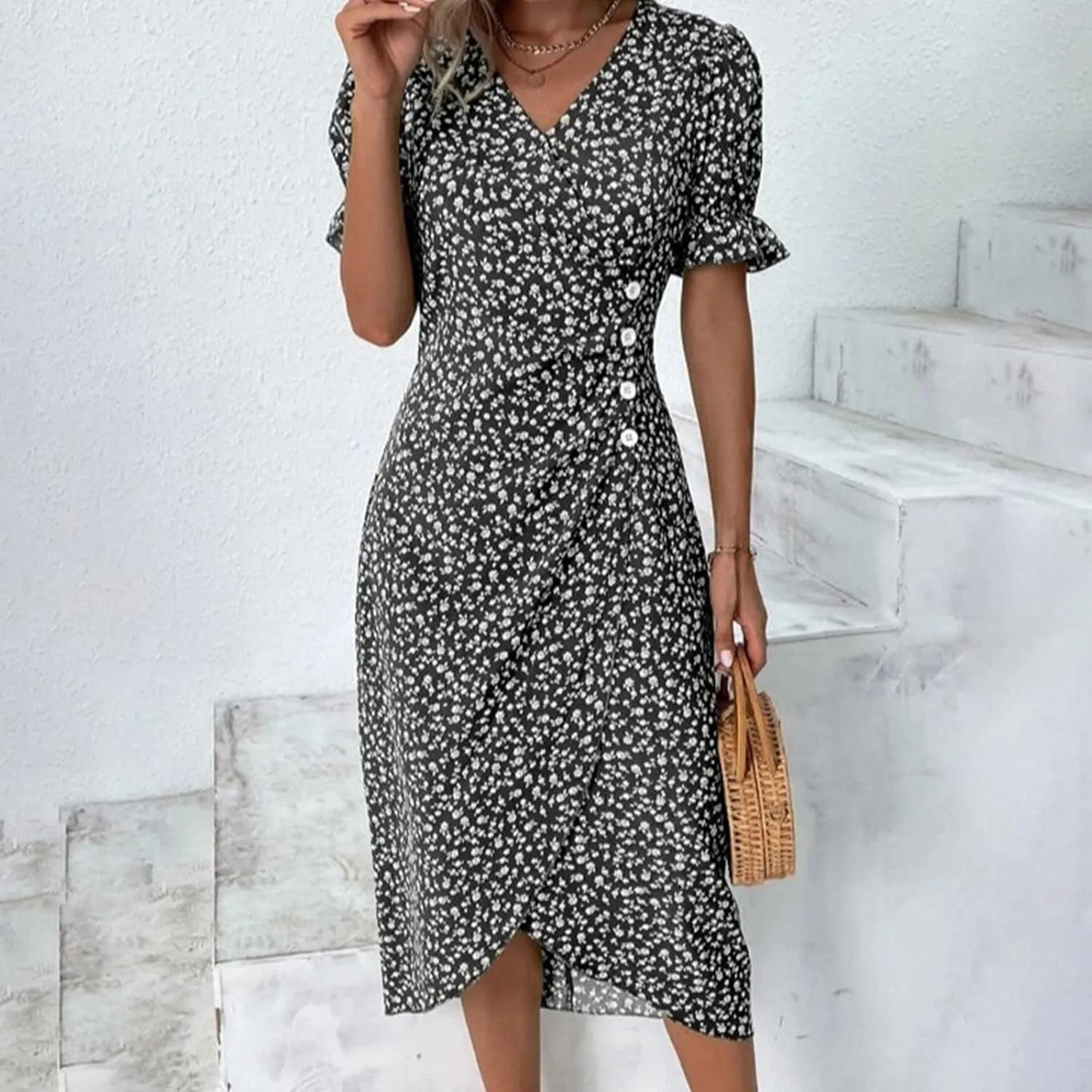 Women's Summer Short Sleeve A-Line Midi Dresses Casual Floral V Neck Button T-Shirt Dress Flowy Beach Sundress for Women