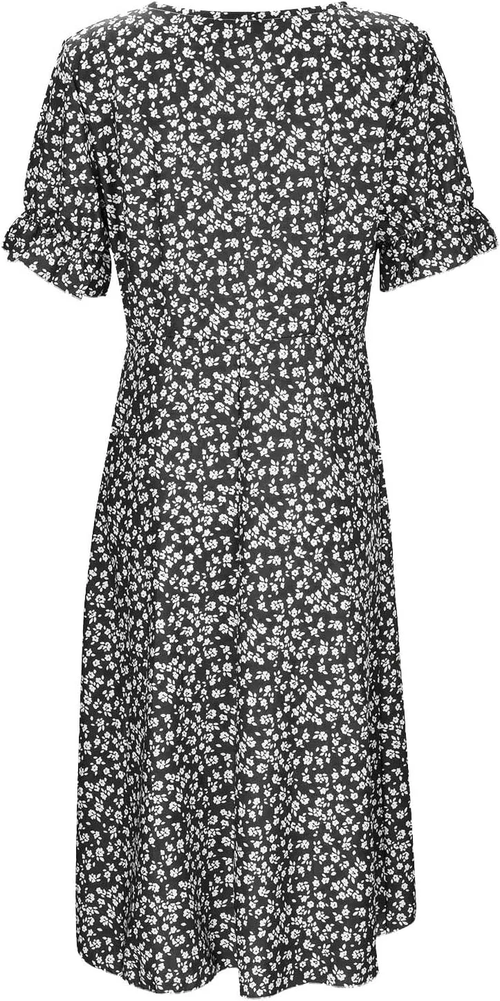Women's Summer Short Sleeve A-Line Midi Dresses Casual Floral V Neck Button T-Shirt Dress Flowy Beach Sundress for Women