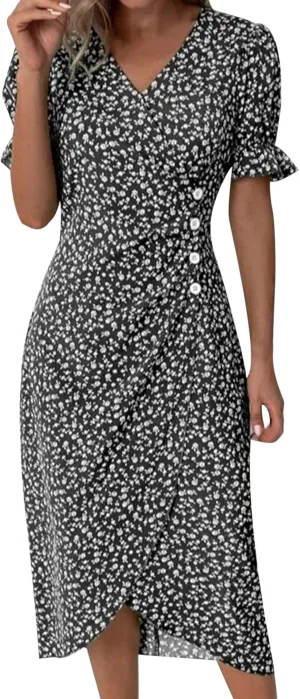 Women's Summer Short Sleeve A-Line Midi Dresses Casual Floral V Neck Button T-Shirt Dress Flowy Beach Sundress for Women