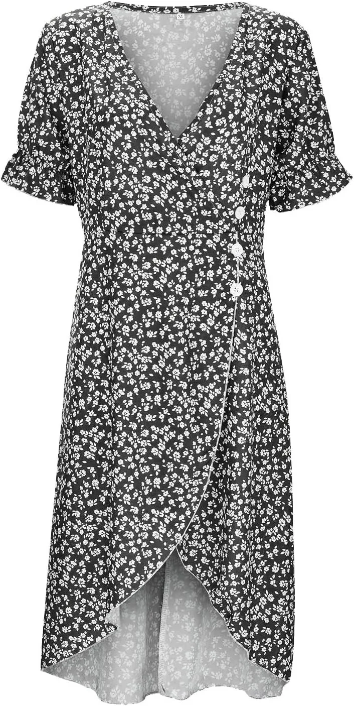 Women's Summer Short Sleeve A-Line Midi Dresses Casual Floral V Neck Button T-Shirt Dress Flowy Beach Sundress for Women