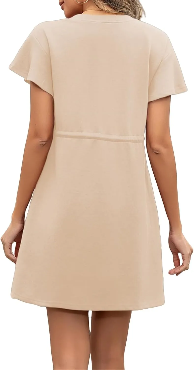 Women's Summer Short Sleeve T Shirt Dress Casual Drawstring Crewneck Mini Dress Tie Waist Dresses with Pockets