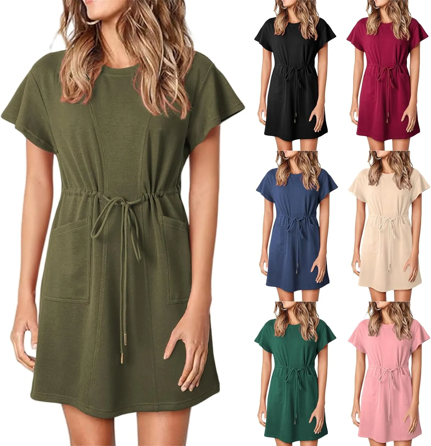 Women's Summer Short Sleeve T Shirt Dress Casual Drawstring Crewneck Mini Dress Tie Waist Dresses with Pockets