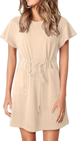 Women's Summer Short Sleeve T Shirt Dress Casual Drawstring Crewneck Mini Dress Tie Waist Dresses with Pockets