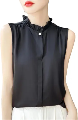 Women's Summer Solid Silk Shirt Vest Top Casual Button Collar Sleeveless Camisole