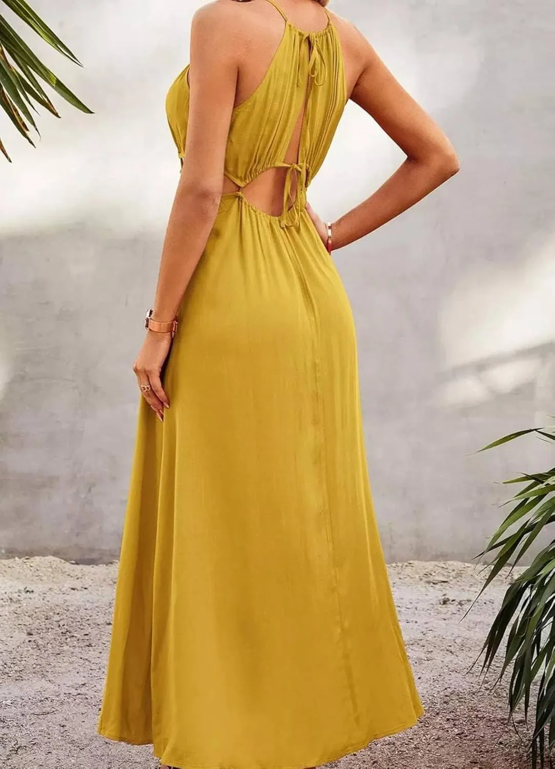 Women's Summer Spaghetti Strap Dress Sleeveless Backless Milkmaid Cutout Drawstring Flowy Boho Beach Vacation Sundress