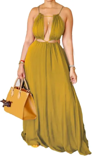 Women's Summer Spaghetti Strap Dress Sleeveless Backless Milkmaid Cutout Drawstring Flowy Boho Beach Vacation Sundress