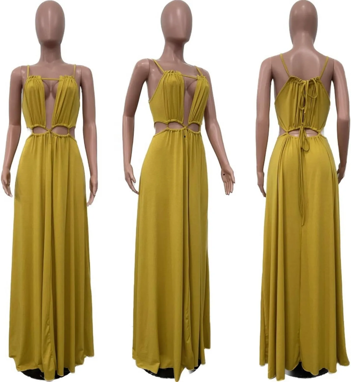 Women's Summer Spaghetti Strap Dress Sleeveless Backless Milkmaid Cutout Drawstring Flowy Boho Beach Vacation Sundress