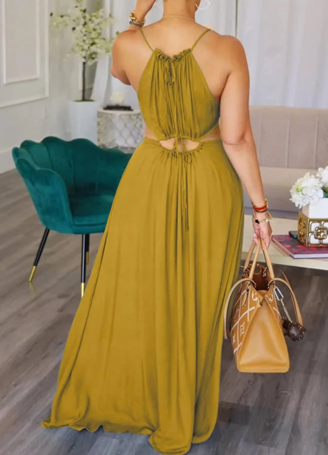 Women's Summer Spaghetti Strap Dress Sleeveless Backless Milkmaid Cutout Drawstring Flowy Boho Beach Vacation Sundress