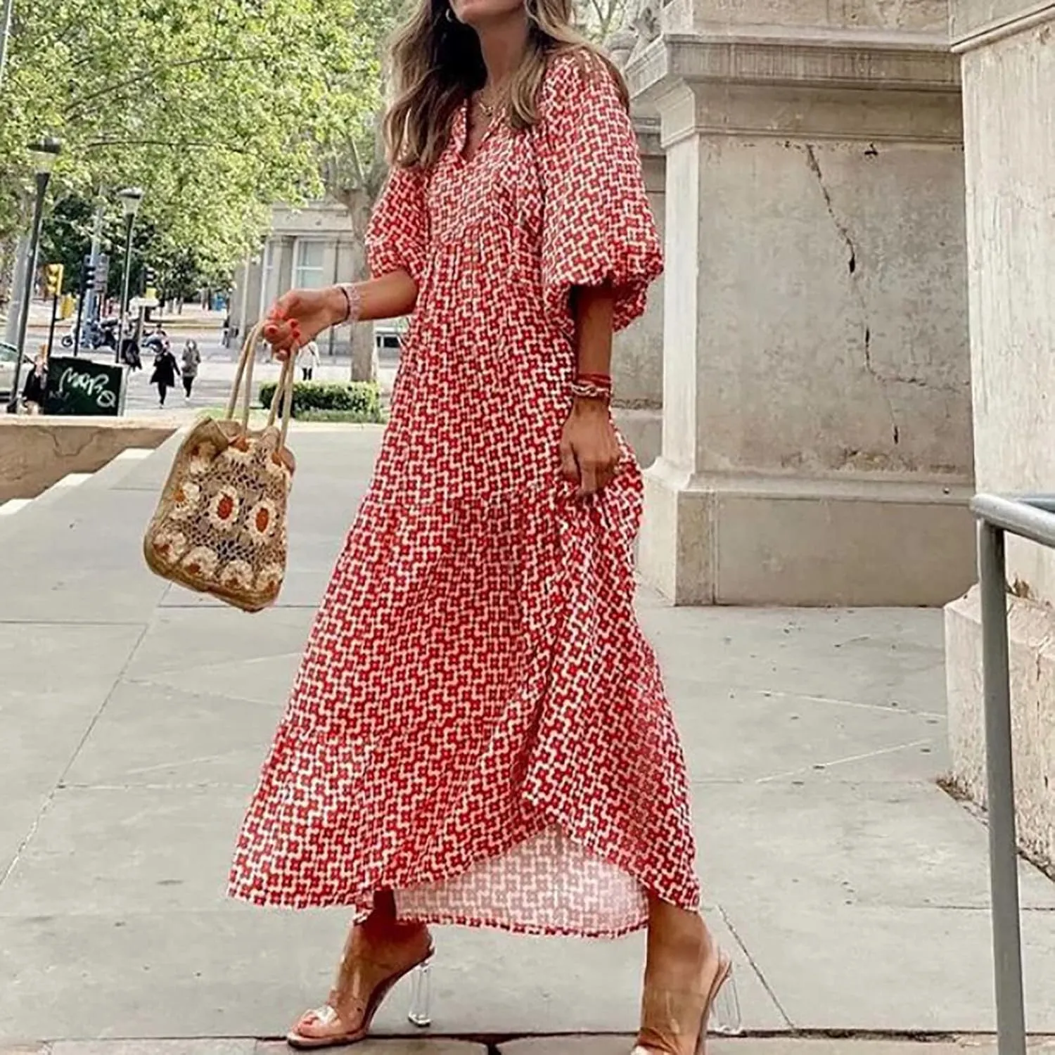 Womens Sundress Long Puff Sleeve V Neck Floral Beach Cover Ups Travel Vacation 2025 Summer Travel Vacation Outfits