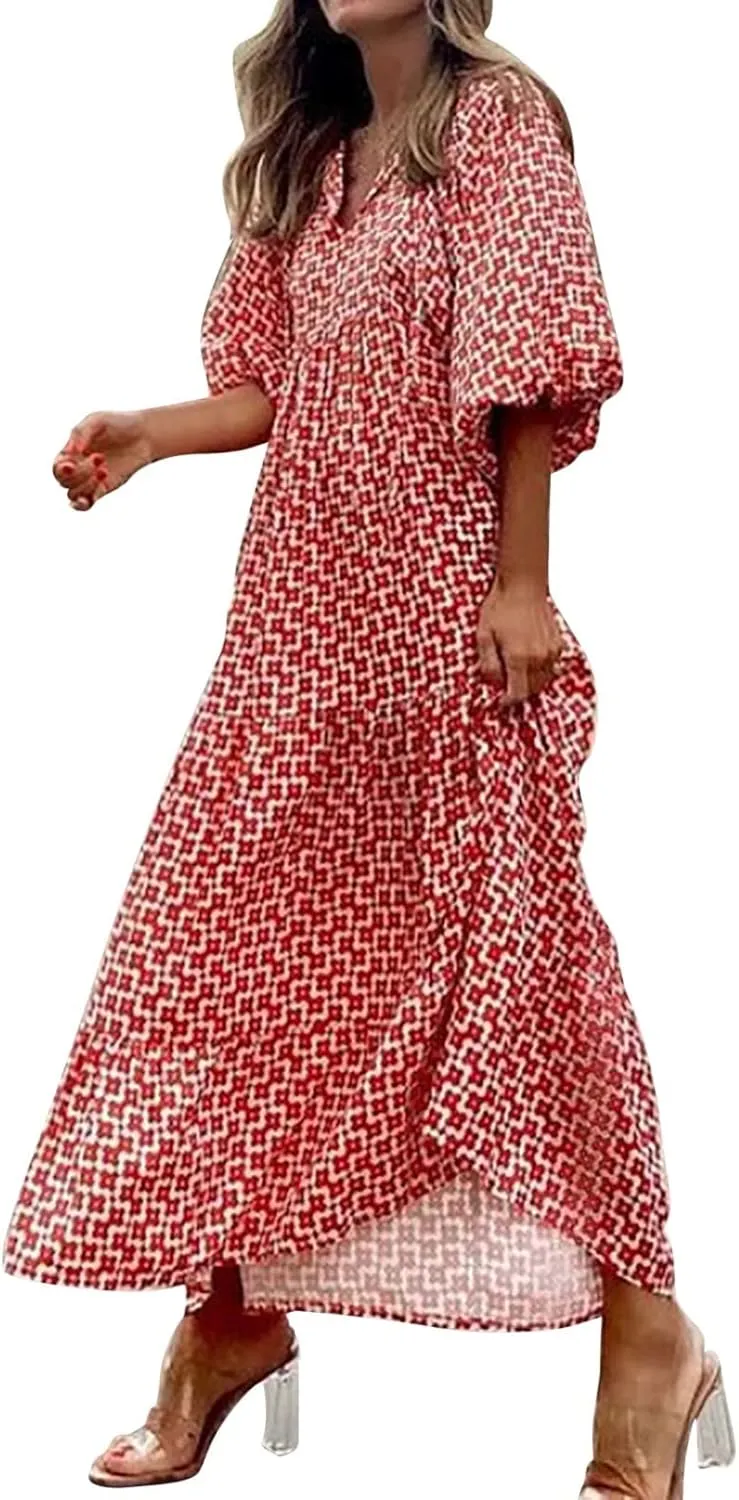 Womens Sundress Long Puff Sleeve V Neck Floral Beach Cover Ups Travel Vacation 2025 Summer Travel Vacation Outfits