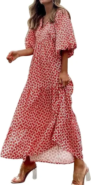 Womens Sundress Long Puff Sleeve V Neck Floral Beach Cover Ups Travel Vacation 2025 Summer Travel Vacation Outfits