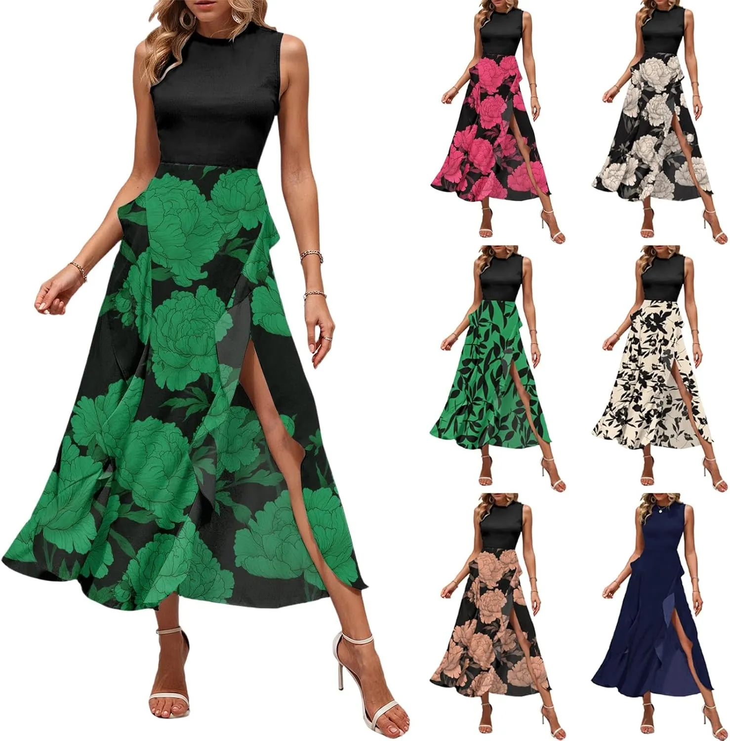 Women's Sundresses 2025 Summer Casual Loose Trendy Sleeveless Floral Print Split Beach Boho Maxi Dress, S-2XL