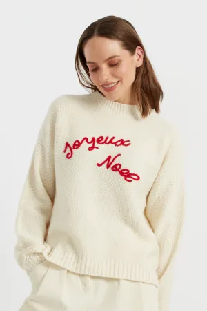 Women's Sweater Chinti and Parker Cream Wool-Cashmere Joyeux Noel hand embroidered stitch detail Size XS-3L