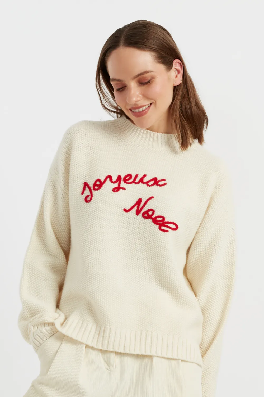 Women's Sweater Chinti and Parker Cream Wool-Cashmere Joyeux Noel hand embroidered stitch detail Size XS-3L