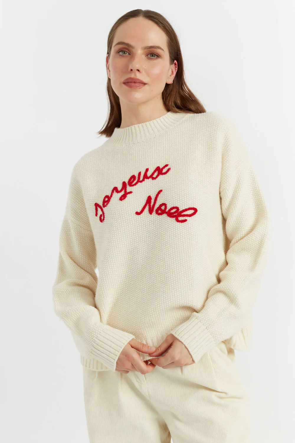 Women's Sweater Chinti and Parker Cream Wool-Cashmere Joyeux Noel hand embroidered stitch detail Size XS-3L