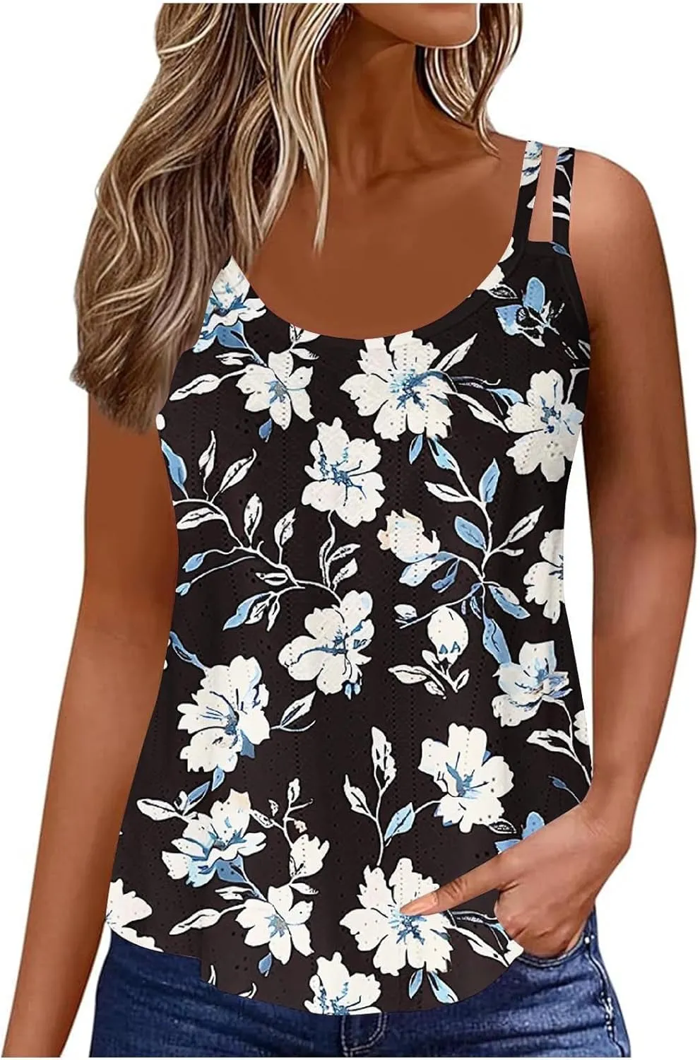 Womens Tank Tops Spaghetti Strap Camisoles Casual Summer Eyelet Shirts Sleeveless Blouses V Neck Cute Tunic Tops