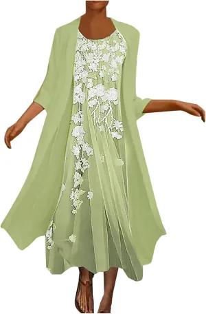 Womens Two-Piece Set Floral Print Midi Sleeveless Dress with Cardigan Chiffon Flowy Plus Size Wedding Guest Dresses