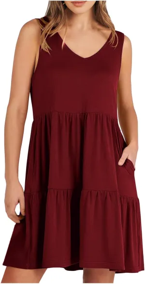 Women's V Neck Tiered Ruffle Dress, Casual Beach Sundress Elegant Loose Swing Summer Dresses Trendy Mini Tank Dress