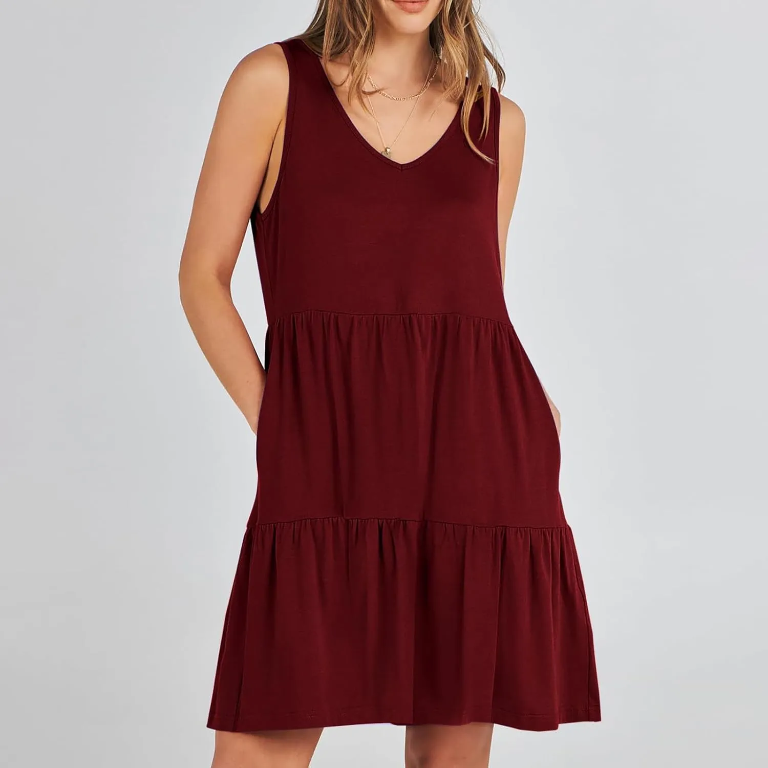 Women's V Neck Tiered Ruffle Dress, Casual Beach Sundress Elegant Loose Swing Summer Dresses Trendy Mini Tank Dress