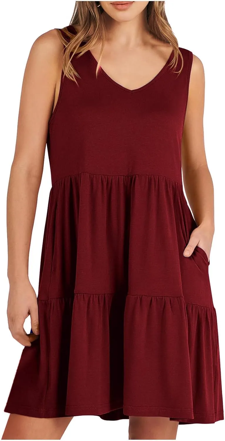 Women's V Neck Tiered Ruffle Dress, Casual Beach Sundress Elegant Loose Swing Summer Dresses Trendy Mini Tank Dress