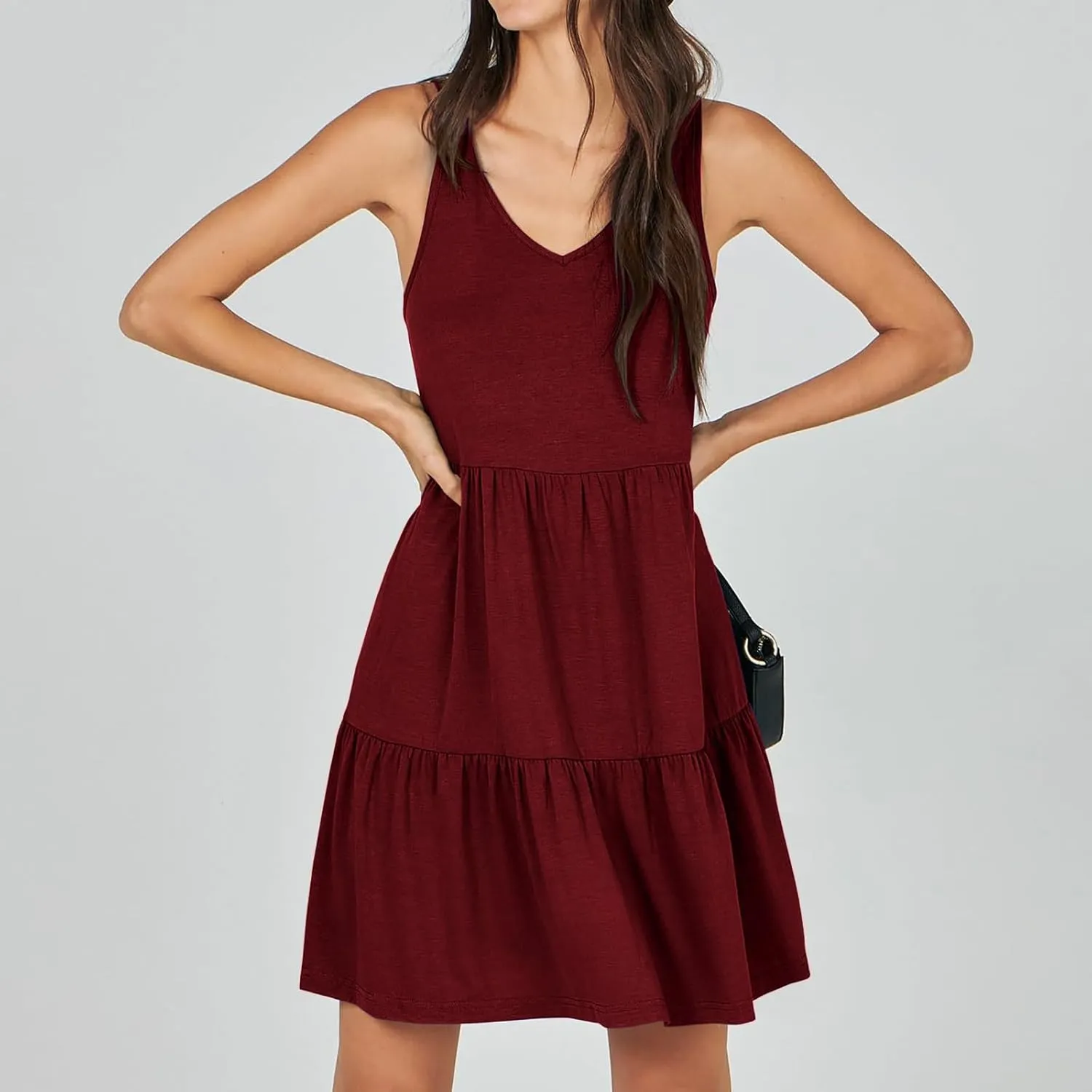 Women's V Neck Tiered Ruffle Dress, Casual Beach Sundress Elegant Loose Swing Summer Dresses Trendy Mini Tank Dress