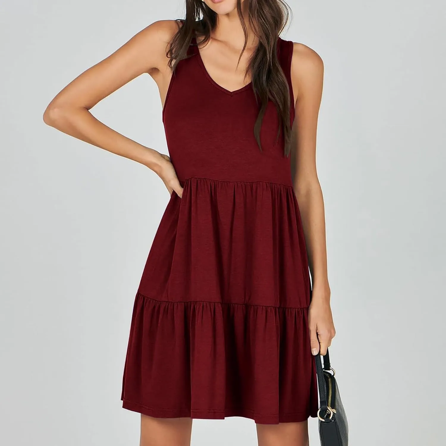 Women's V Neck Tiered Ruffle Dress, Casual Beach Sundress Elegant Loose Swing Summer Dresses Trendy Mini Tank Dress