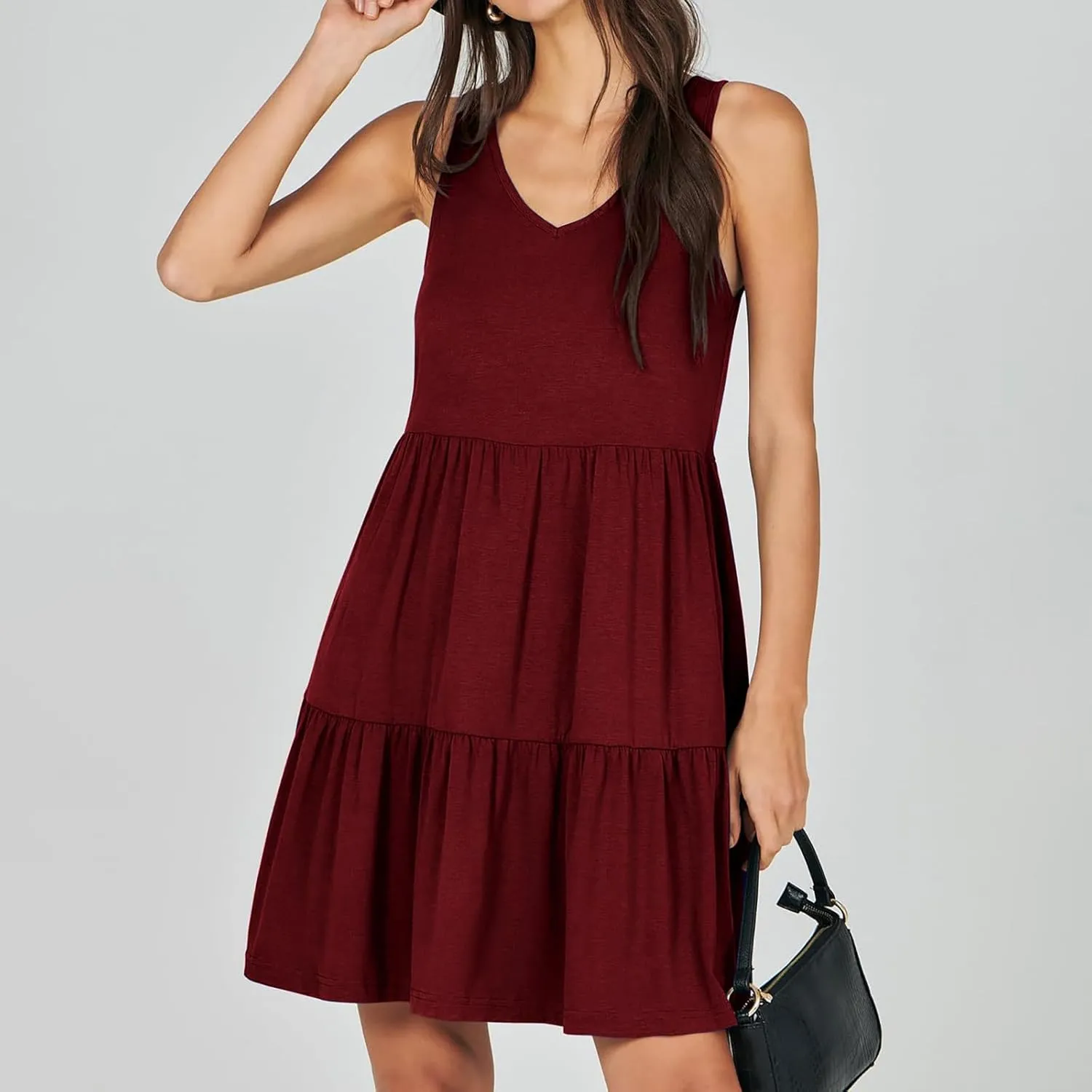 Women's V Neck Tiered Ruffle Dress, Casual Beach Sundress Elegant Loose Swing Summer Dresses Trendy Mini Tank Dress